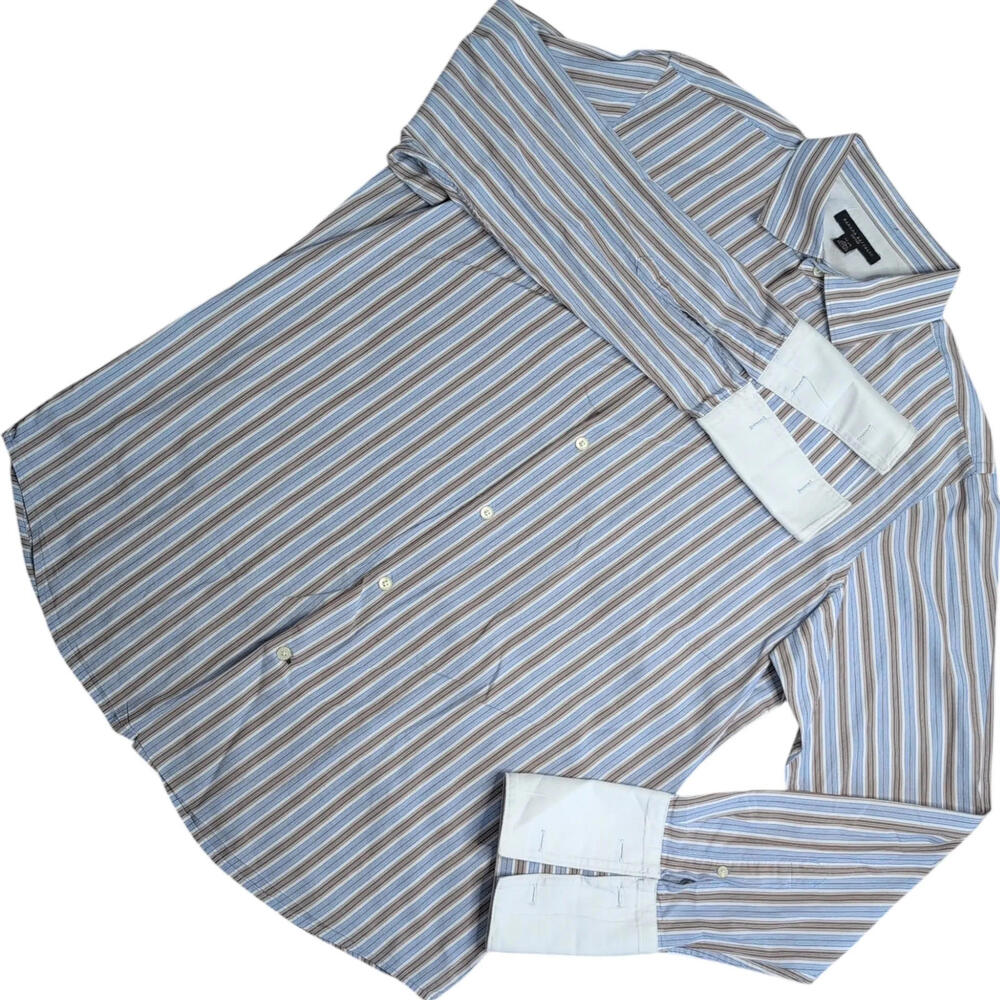 Banana Republic Dress Shirt Mens 17.5 XL Blue Brown Stripe Fitted‎ French Cuff